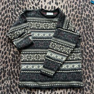 Wool Christina Dark Gray Fair Isle Crewneck Sweater with Cream & Red Accents